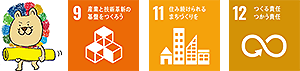 サス丸｜9 産業と技術革新の基盤をつくろう｜11 住み続けられるまちづくりを｜12 つくる責任　つかう責任