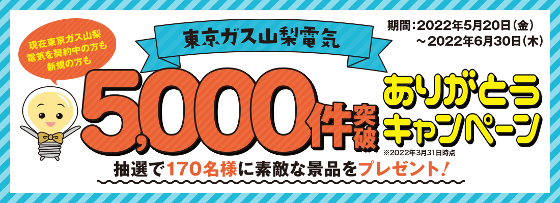 東京ガス山梨電気 5,000件突破 ありがとうキャンペーン　抽選で170名様に素敵な景品をプレゼント！